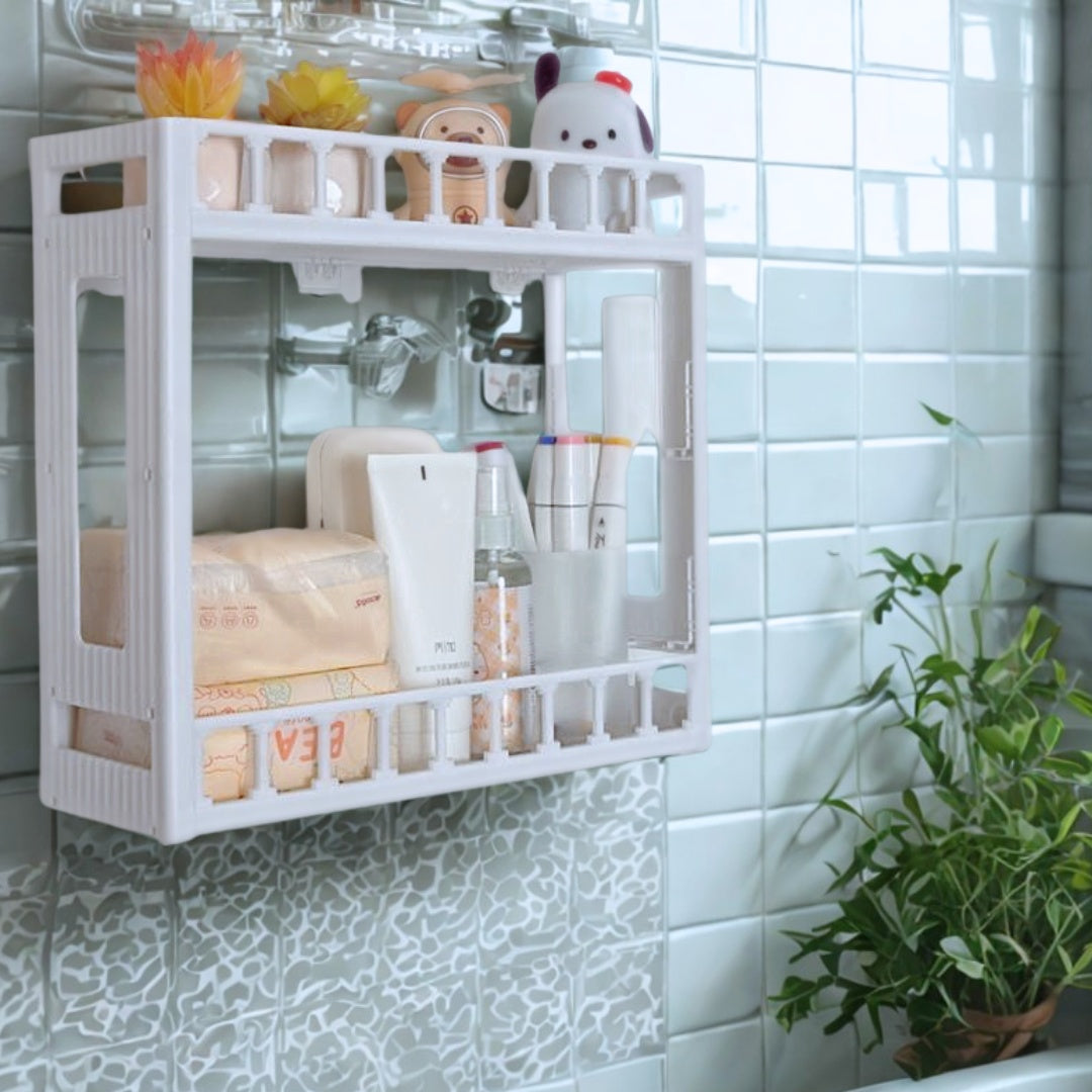 1 + 1 Etajeră Baie din Plastic cu 2 Niveluri, Montaj pe Perete, 31x33x11 cm