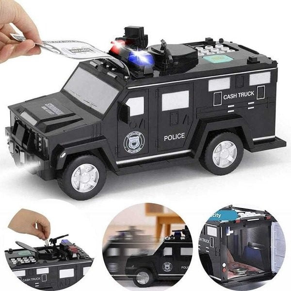 Pușculiță interactivă pentru bani, design camion blindat de poliție pentru copii cu efecte de lumină și sunet