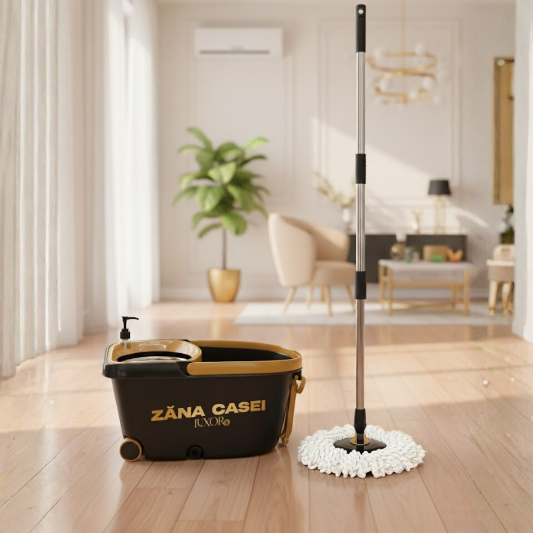 Mop Luxor Zâna Casei® – Set Premium 4 Rezerve, Cuvă Inox, Coadă 146cm + CADOU Set 4 Lavete Bambus