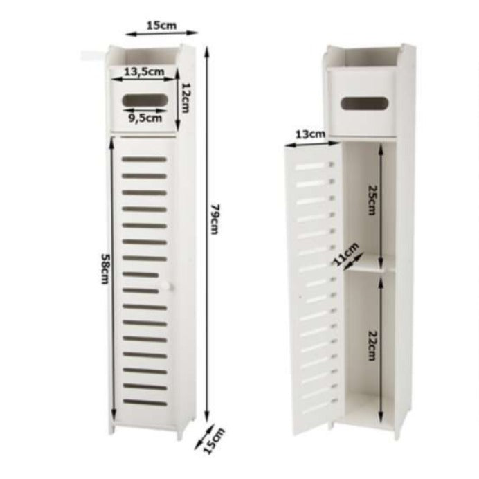 Dulap Îngust de Baie 3-în-1 – Suport Hartie Igienică, Rafturi și Depozitare Ascunsă, Alb Premium