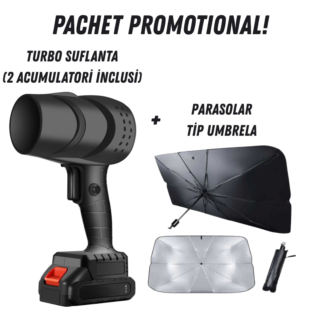 Pachet Promoțional Suflantă Turbo cu 2 Acumulatori + Umbrelă Tip Parasolar