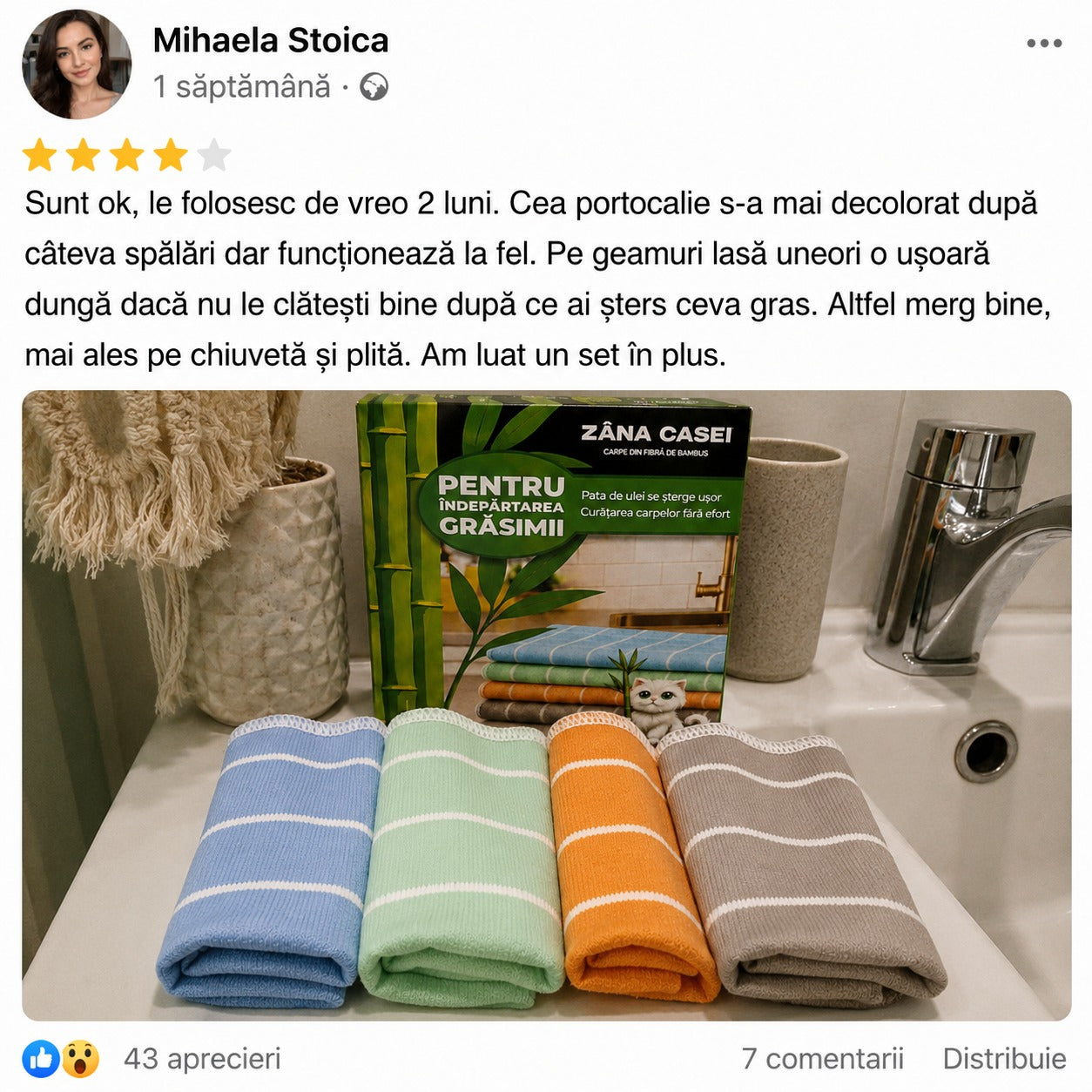 Set 4 Lavete XXL Fibra Naturala din Bambus 35x35cm – Curăță Fără Detergenți, Lavabile