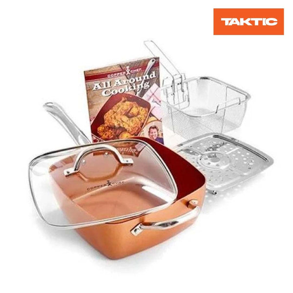 Tigaie Non-Aderentă 5 Piese Ceramică Inox – Friteuză + Grătar + Capac Sticlă Incluse ZanaCasei.Ro