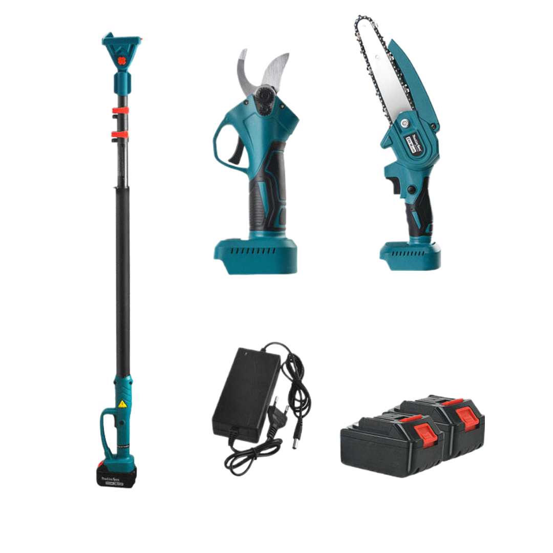 Set Profesional Foarfecă Electrică + Mini Drujbă 6” pentru Grădinărit – 48V, Braț Telescopic 2,13 m, 2 Acumulatori