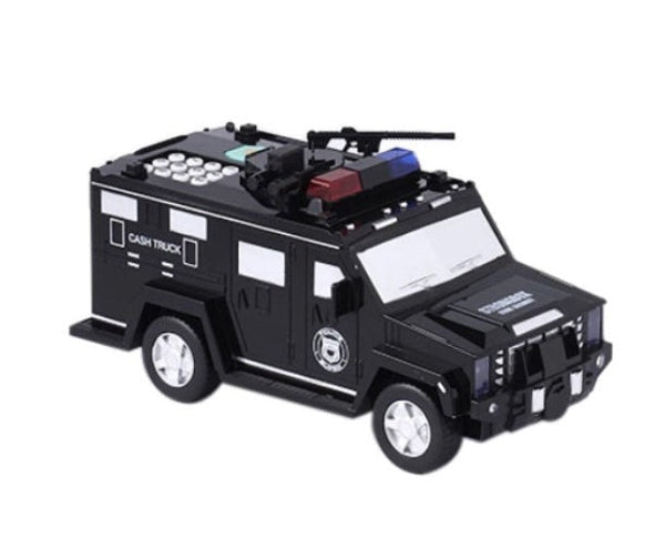 Pușculiță interactivă pentru bani, design camion blindat de poliție pentru copii cu efecte de lumină și sunet