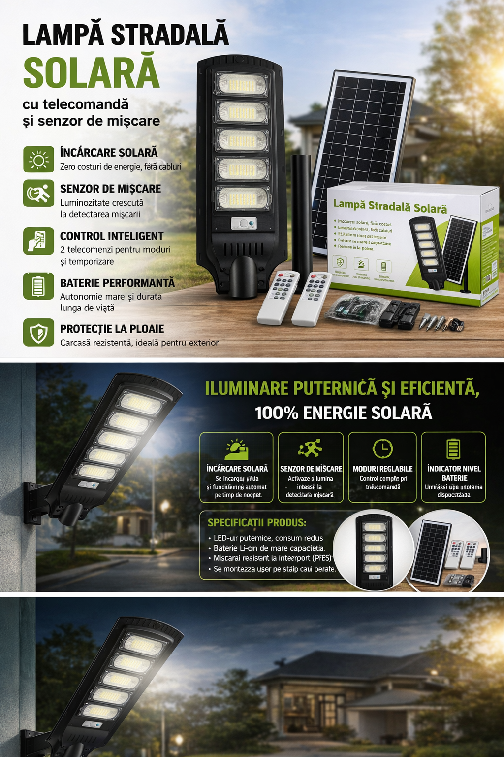 Lampă Stradală Solară LED 800W, 5 Module, Senzor Mișcare și 2 Telecomenzi, Rezistenta la Ploaie, Baterie Li-ion ZanaCasei.Ro