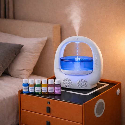 Umidificator 4-în-1 cu Picătură Anti-Gravitație, LED Ambiental & Boxă Bluetooth + CADOU 6 Esențe Parfumate