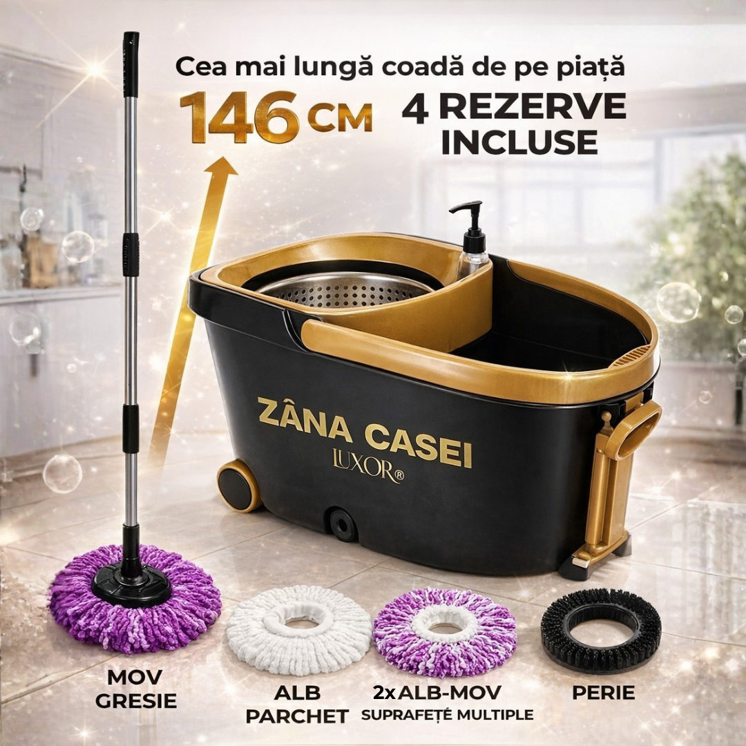 Mop Luxor Zâna Casei® – Set Premium 4 Rezerve, Cuvă Inox, Coadă 146cm + CADOU Set 4 Lavete Bambus
