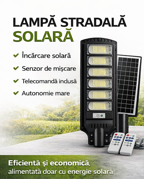 Lampă Stradală Solară LED 800W, 5 Module, Senzor Mișcare și 2 Telecomenzi, Rezistenta la Ploaie, Baterie Li-ion ZanaCasei.Ro