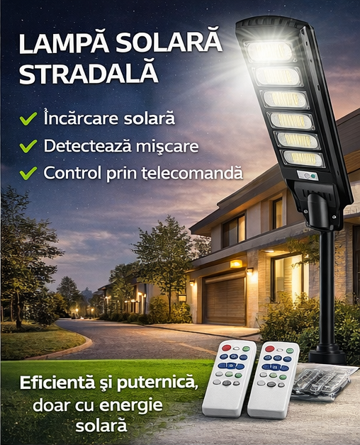 Lampă Stradală Solară LED 800W, 5 Module, Senzor Mișcare și 2 Telecomenzi, Rezistenta la Ploaie, Baterie Li-ion ZanaCasei.Ro