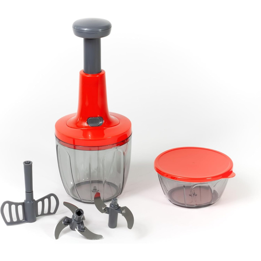 Chopper Manual Multifuncțional 5 Lame Inox, 2 Recipiente 900ml + 400ml, Accesoriu pentru Amestecare Rapidă, Fără Curent, Roșu