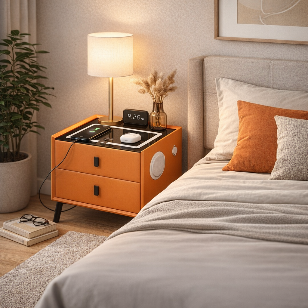 Noptieră Smart cu 2 Sertare – Încărcare Wireless, LED Ambient, Boxă Bluetooth, USB & Type-C ZanaCasei.Ro