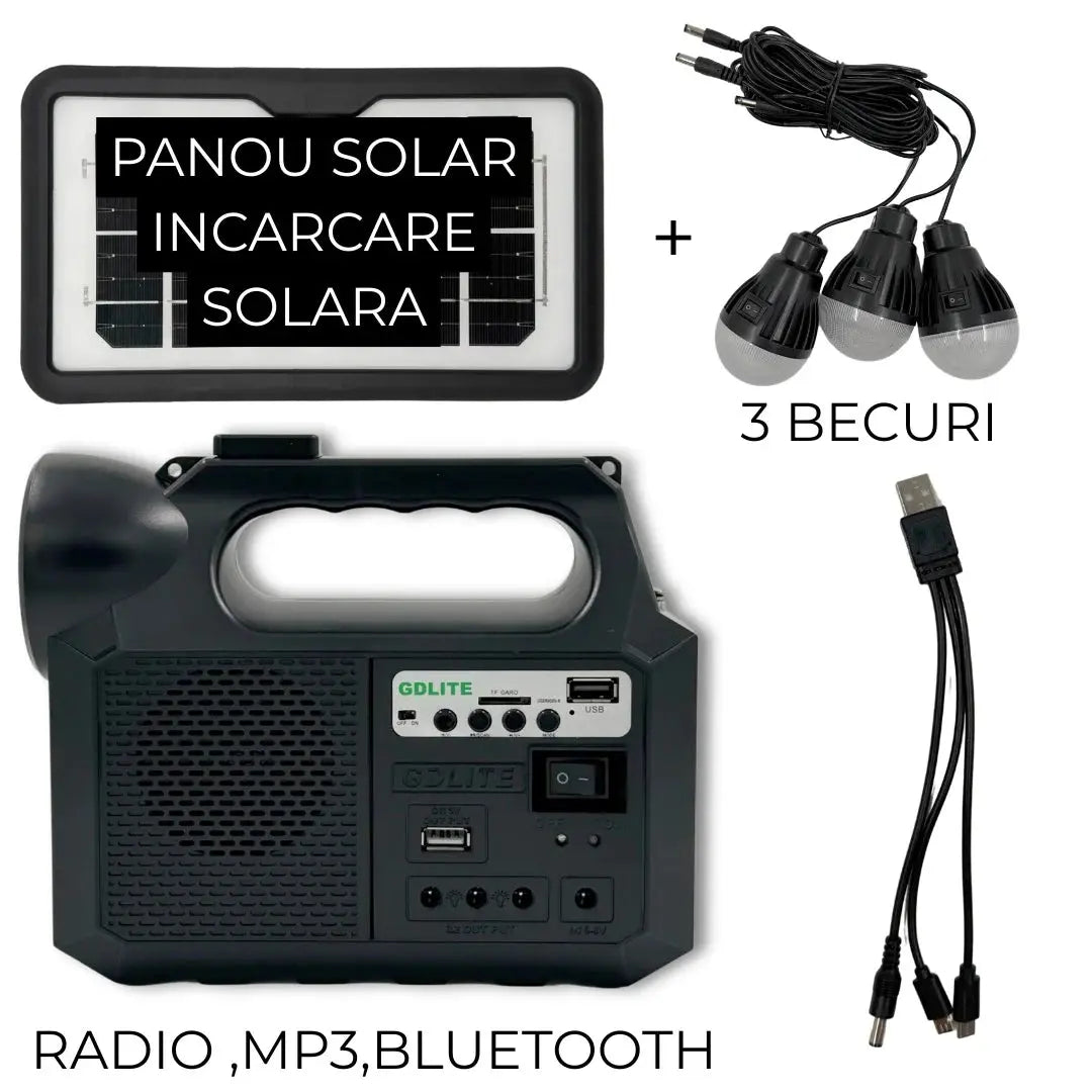 Kit Solar GDlite GD-8017 – Panou Solar, 3 Becuri LED, Radio FM, Bluetooth, MP3, Încărcare Telefon – Energie Oriunde! Zanacasei