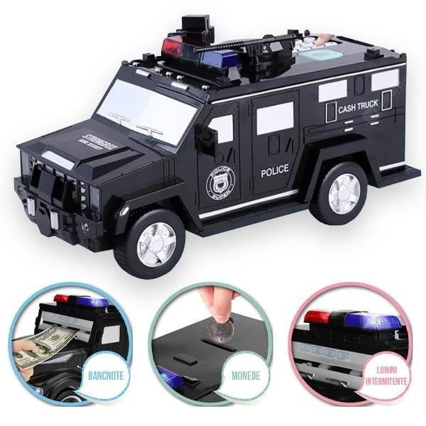 Pușculiță interactivă pentru bani, design camion blindat de poliție pentru copii cu efecte de lumină și sunet