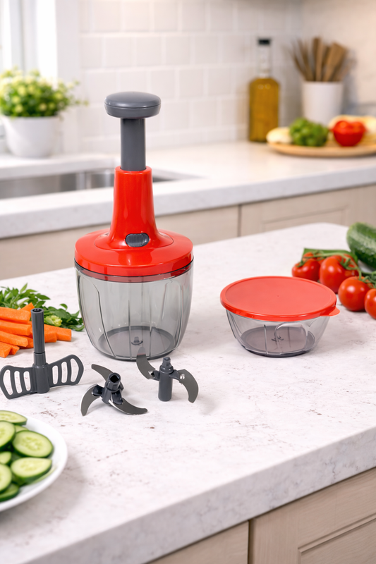 Chopper Manual Multifuncțional 5 Lame Inox, 2 Recipiente 900ml + 400ml, Accesoriu pentru Amestecare Rapidă, Fără Curent, Roșu