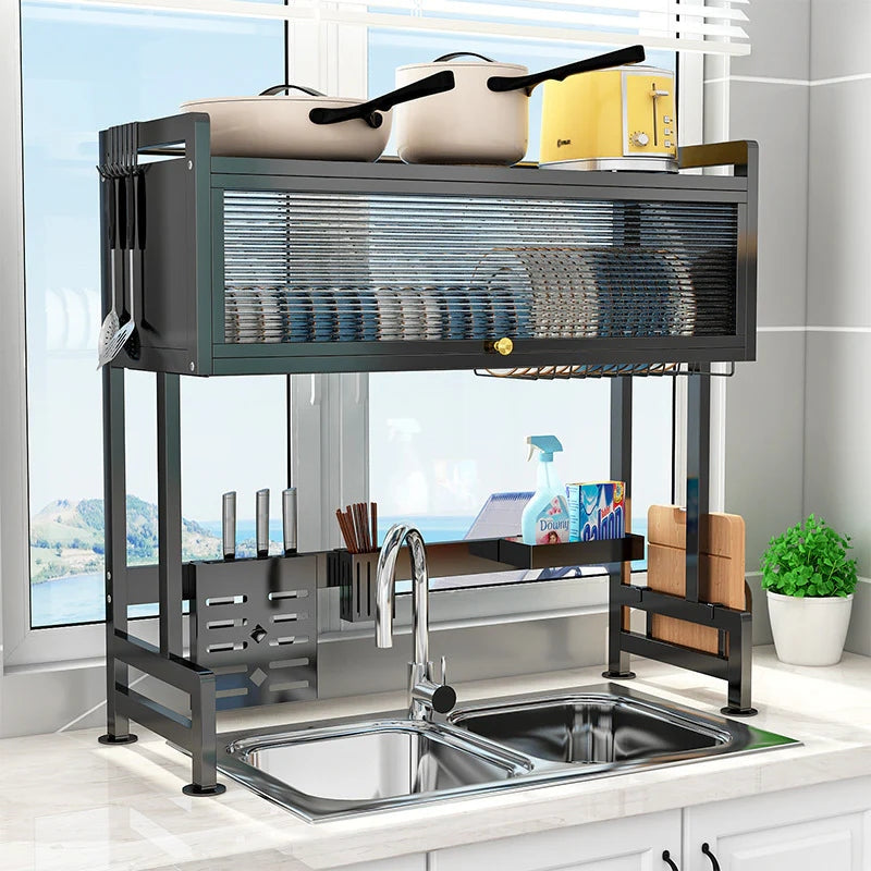 Raft Uscare Vase deasupra Chiuvetei – Suport Metalic Multifunctional cu Scurgator, Tacamuri, Cutite, Tocatoare & Detergent | Organizare Premium ZanaCasei.Ro