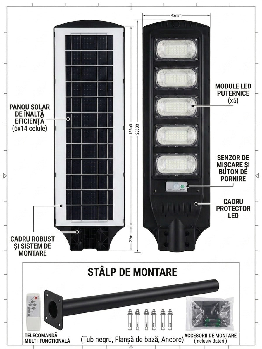 Lampă Stradală Solară LED 800W, 5 Module, Senzor Mișcare și 2 Telecomenzi, Rezistenta la Ploaie, Baterie Li-ion ZanaCasei.Ro
