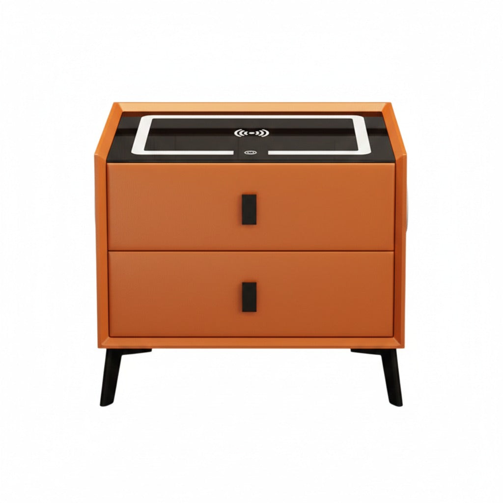 Noptieră Smart cu 2 Sertare – Încărcare Wireless, LED Ambient, Boxă Bluetooth, USB & Type-C ZanaCasei.Ro