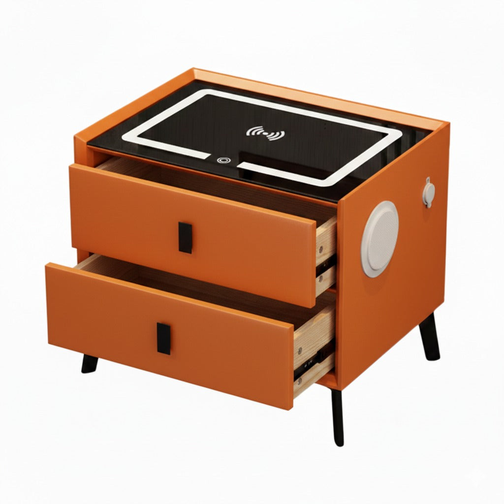 Noptieră Smart cu 2 Sertare – Încărcare Wireless, LED Ambient, Boxă Bluetooth, USB & Type-C ZanaCasei.Ro