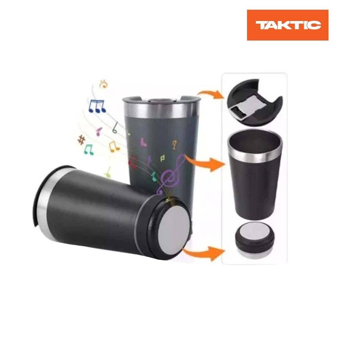 Cana tip termos cu boxa bluetooth, capacitate 500 ml, capac cu deschizator sticle, incarcare USB, lumina led, albastru