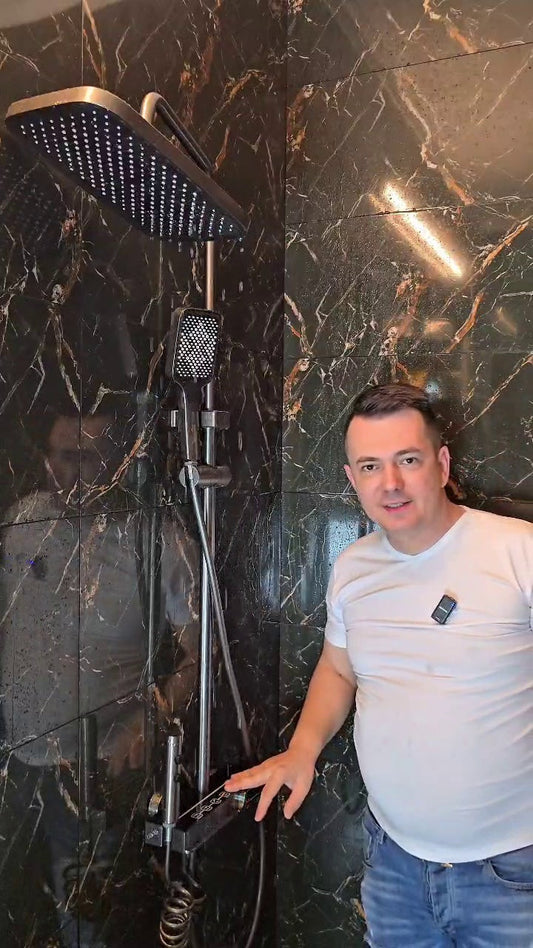 Coloană de Duș Premium – Ploaie Relaxantă, Termostat Inteligent, LED, Rotire 360°, 4 Jeturi de Apă