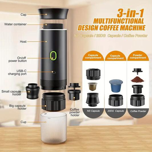Espressor Portabil 3 în 1 – Cafea Măcinată, Capsule Nespresso & Dolce Gusto| Încălzire Apă |USB Type-C