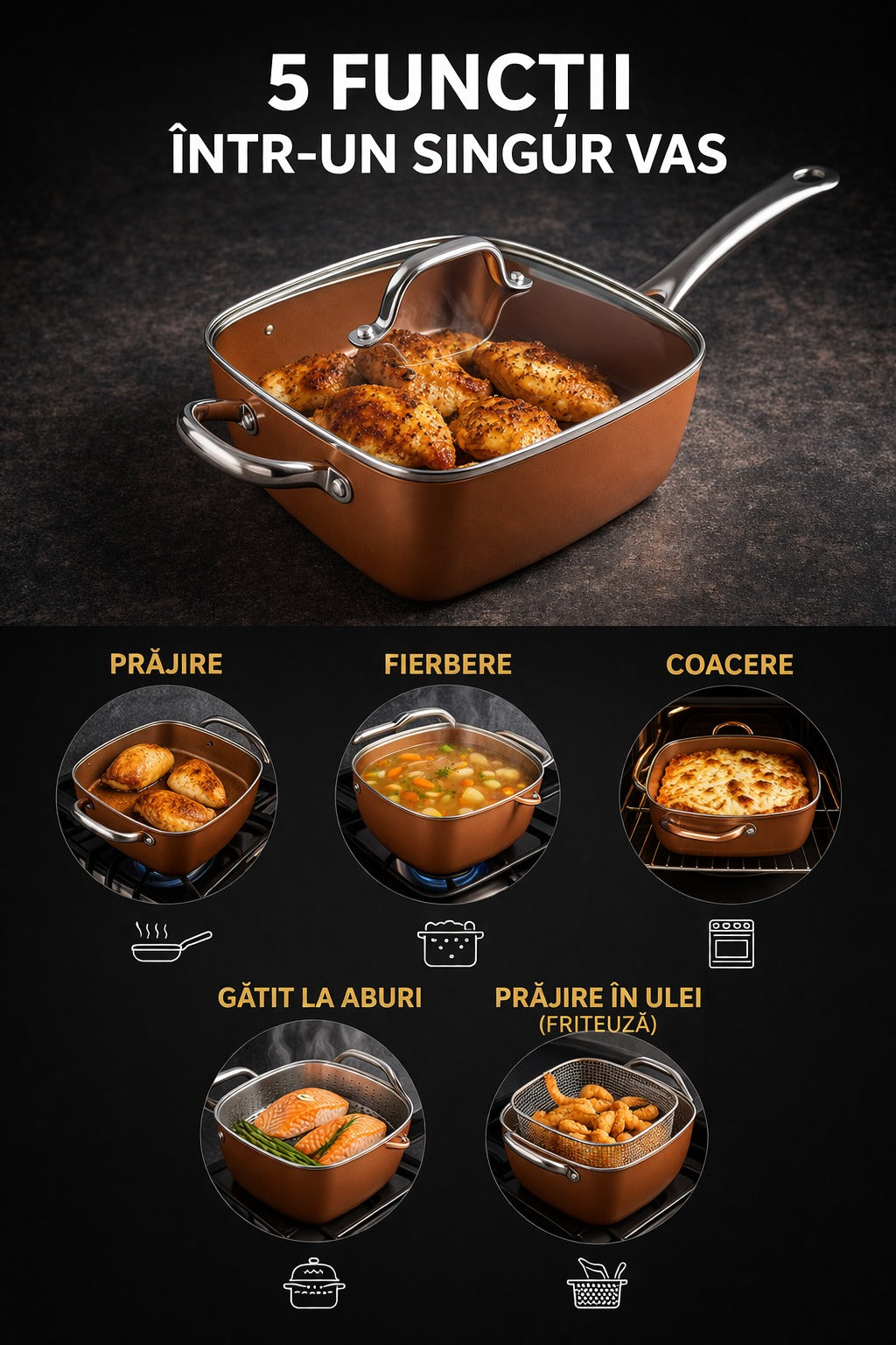 Tigaie Non-Aderentă 5 Piese Ceramică Inox – Friteuză + Grătar + Capac Sticlă Incluse ZanaCasei.Ro