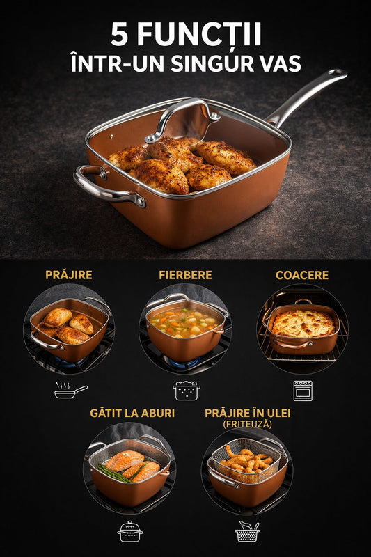 Tigaie Non-Aderentă 5 Piese Ceramică Inox – Friteuză + Grătar + Capac Sticlă Incluse ZanaCasei.Ro